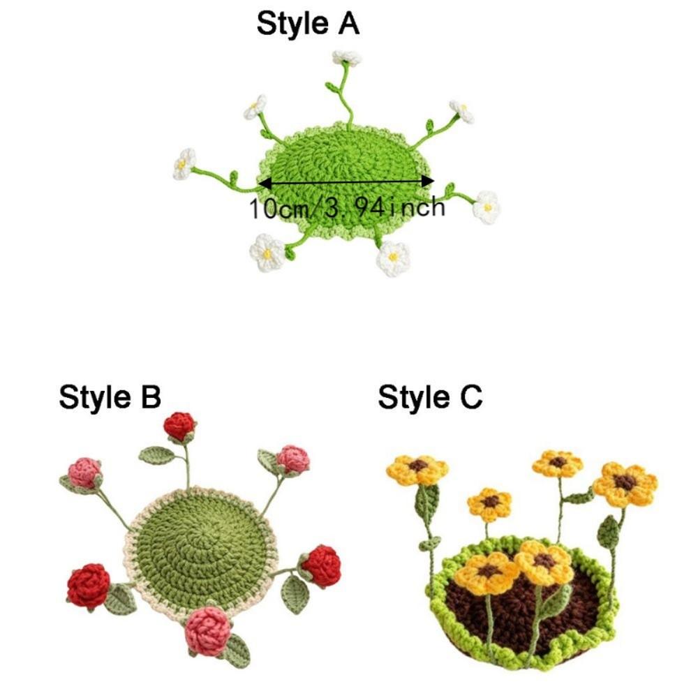 Round Flower Coaster Cotton Yarn Knitted Floral Mat Practical 3D Floral Cup Mat  Coffee Table Decor