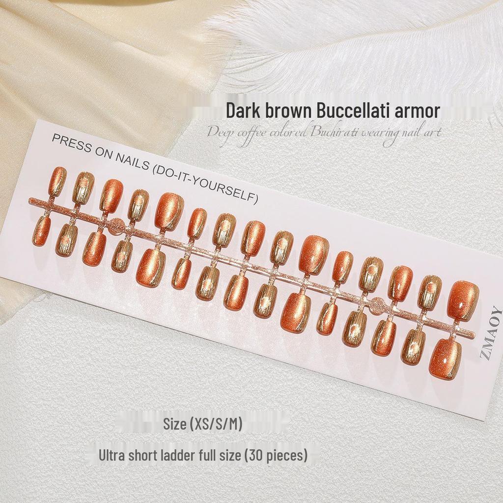 Nail Art Gilded Cat's Eye Blush Tips - 30-Piece Set, Handmade & Ready-to-Wear In XS/S/M