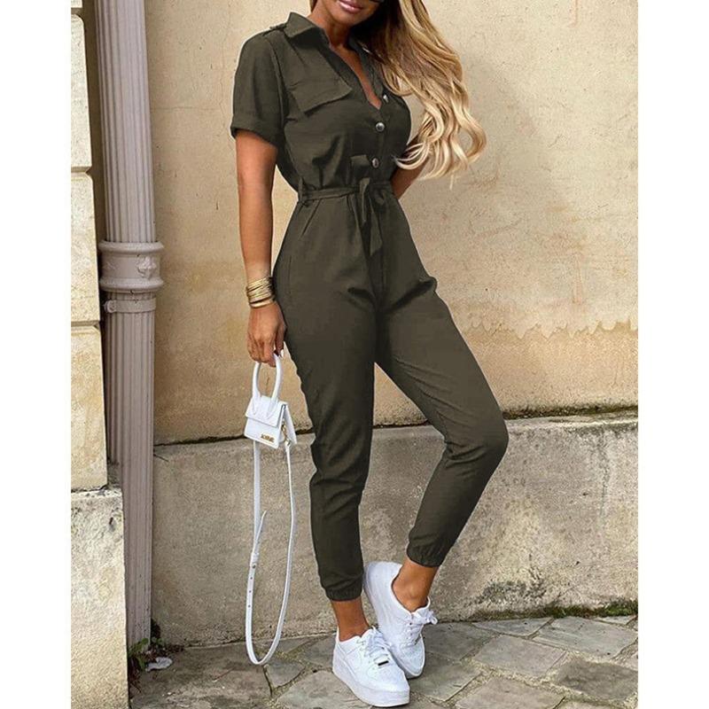 Women's Pants, Casual Lapel Buckle, Printed Waistband, Workwear Jumpsuit