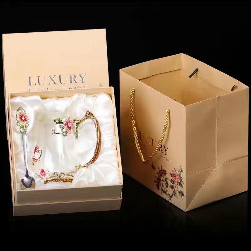 Household Enamel Colored Flower Glass Water Cup Round Coffee Cup Breakfast Milk Juice Cup