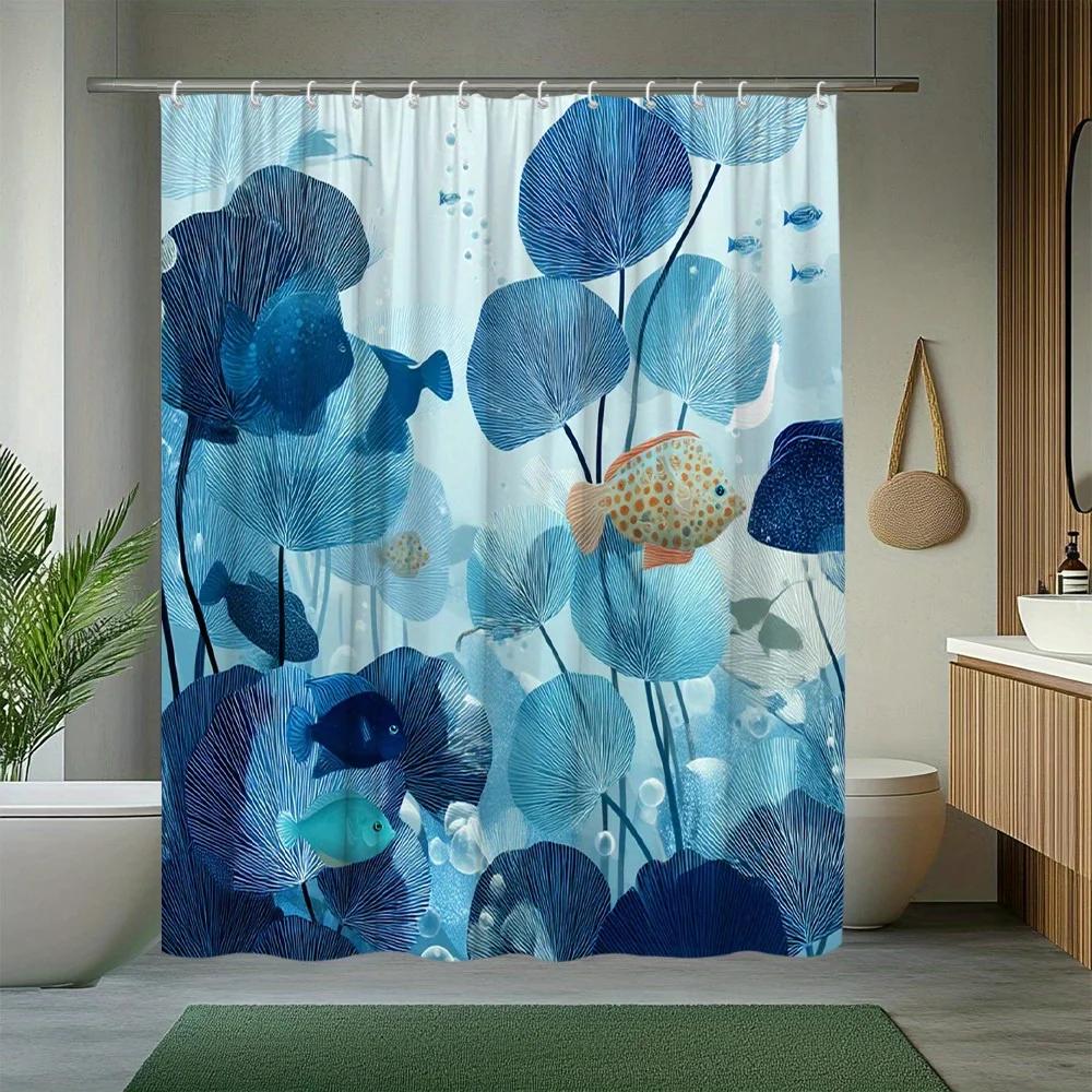 1pc Ocean Theme Fish And Aquatic Plants Pattern Shower Curtain Exquisite Bathroom Decoration Polyester Fabric Contains 12 Hooks