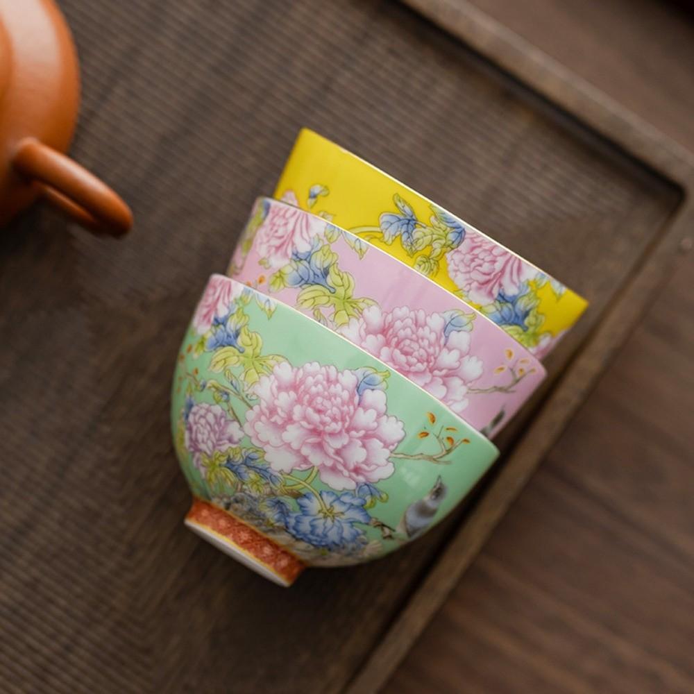 6pcs/set Flower Ceramic Cup Chinese Style Enamel Cup Kung Fu Tea Set Tea Cup  Personal Use