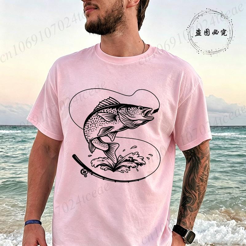 Retro Fish Fishing Print T-shirt Men Summer Breathable Tee T-Shirts Beach Vacation Casual Shirts Fisherman Gift Oversized Tops
