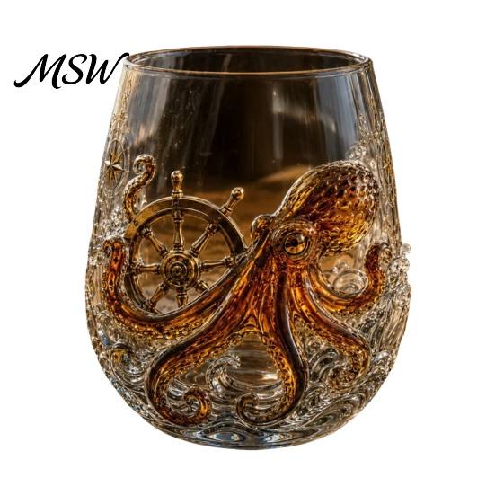 Stunning 3D Visual Drinkware Octopus Pirate Whiskey Glass, Sea Creature Tentacle Engraved Tumbler, Embossed Nautical Exquisite Glassware Rocks A