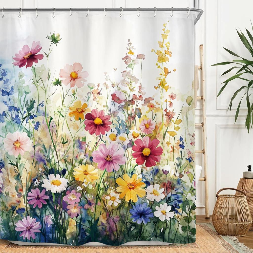 Colorful Flower Blossom Vintage Shower Curtain Set 60Wx71H Inches Art Oil Painting Retro Botanical Polyester Waterproof