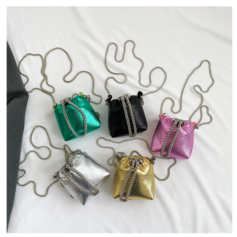 PU Bucket Soild Shoulder Bags Chains Party Crossbody Bags for Women 2024 High Quality Fashion on Sale Bolso Bombonera Con Cadena