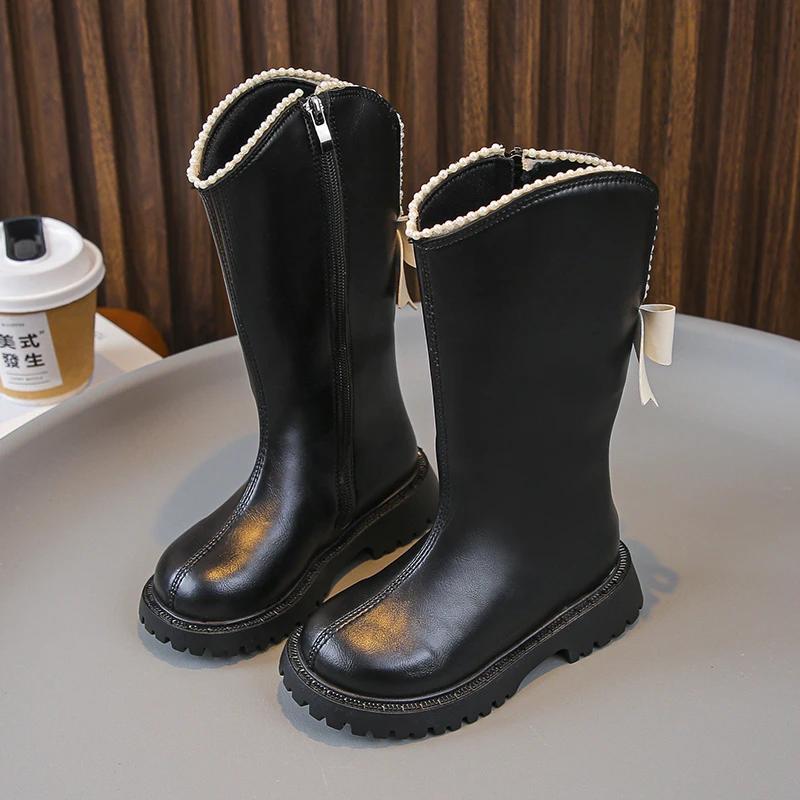 Kids Princess Boots with Sweet Back Bows Girls  Boots Round Toes Soft Bottom  Autumn  Children Mid-calf Boots