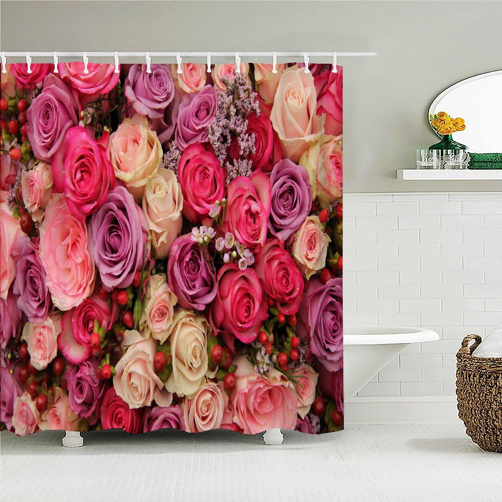 Rideau de douche Fleurs Roses Tulipes Colorées Arbres Rideaux de Salle de Bain Nature Fleur Tissu Polyester Imperméable Écran Baignoire Décor