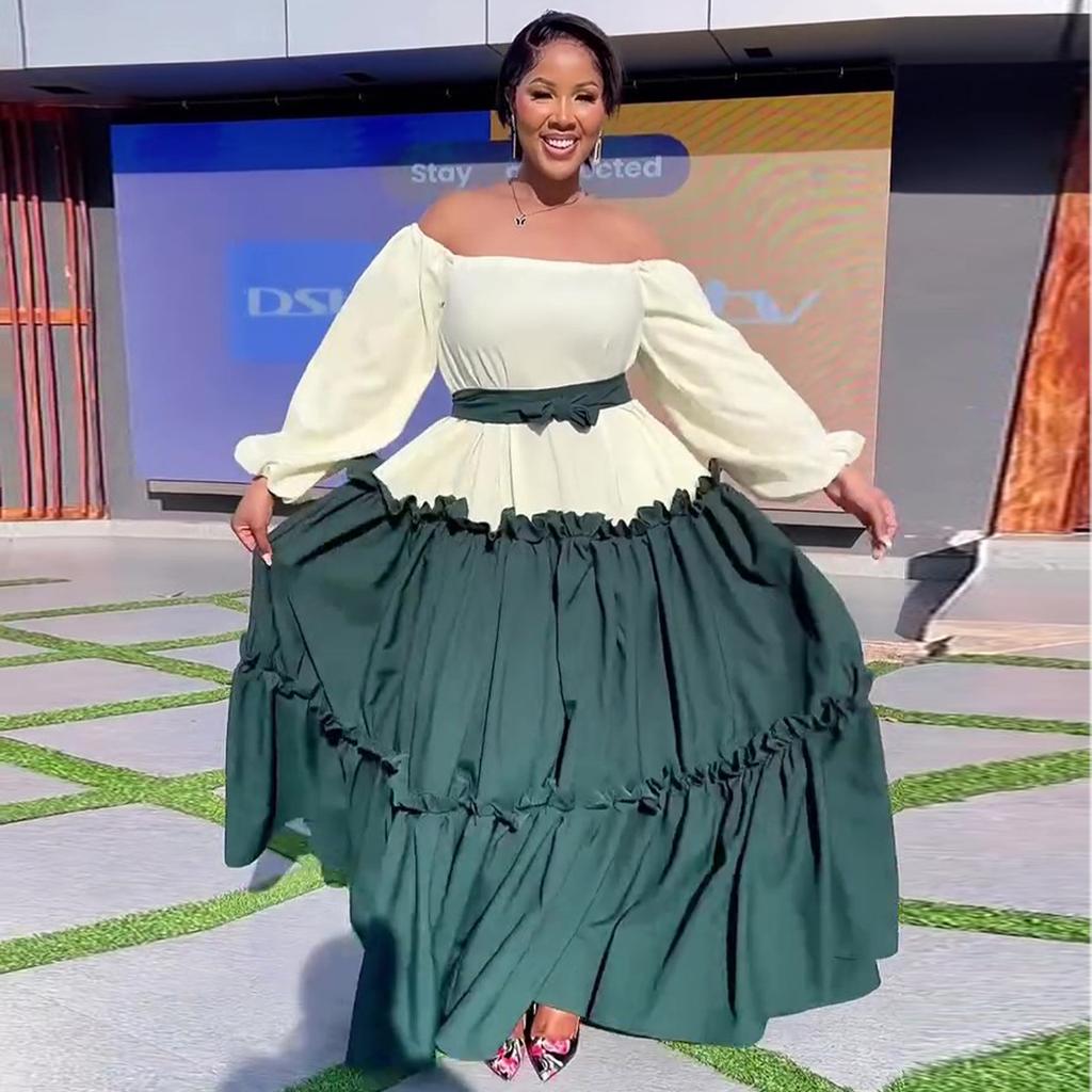 European and American Women's Clothing Summer New African Celebrity Style One-word Shoulder Contrasting Color Big Swing Dress