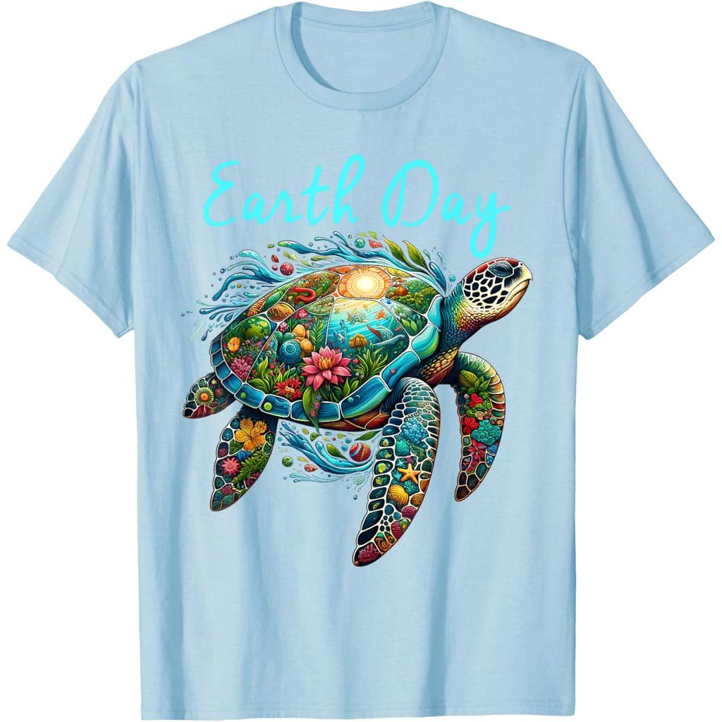 Earth Day Sea Turtle Graphic Tee Breathable Casual Cotton T-Shirt for Unisex
