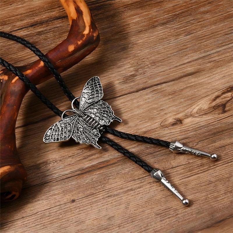 Bolo Tie Cowboy Costume Accessory for Men and Women Adjustable Length Vintage Metal Butterfly Pendant Necktie Necklace