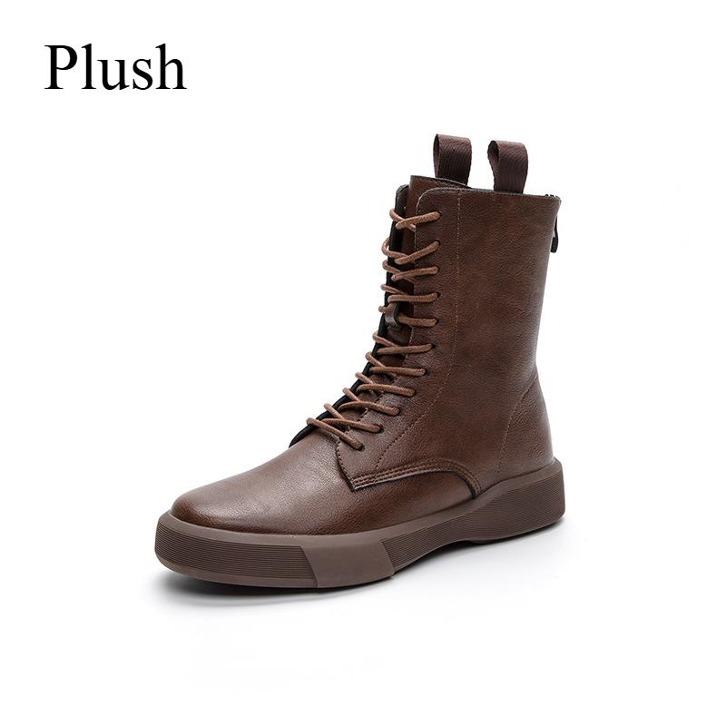 Mid-calf Boots for Women, Casual Style, Flat Heel, Retro Low-top Leather Boots, Soft Sole, Lace-up, Rear Zipper Boots