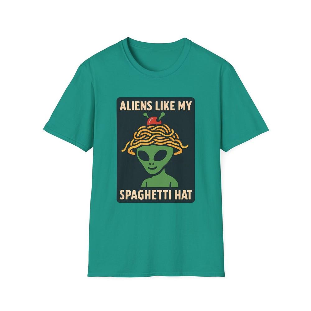 

Unisex Softstyle T-Shirt Green Alien Spaghetti Hat Humor Meatball Crown Tee S