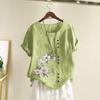 Women Summer T-shirt Round Neck Short Sleeve Flower Print Tee Shirt Buttons Decor Loose Fit Casual Tops Daily Wear