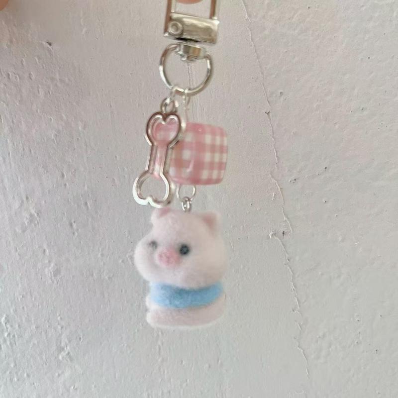 Cartoon Flocking Dog Piggy Pendant Keychain  Key Ring For Women Girls Cute Bag Pendant Kawaii Mobile Phone Chain Gifts