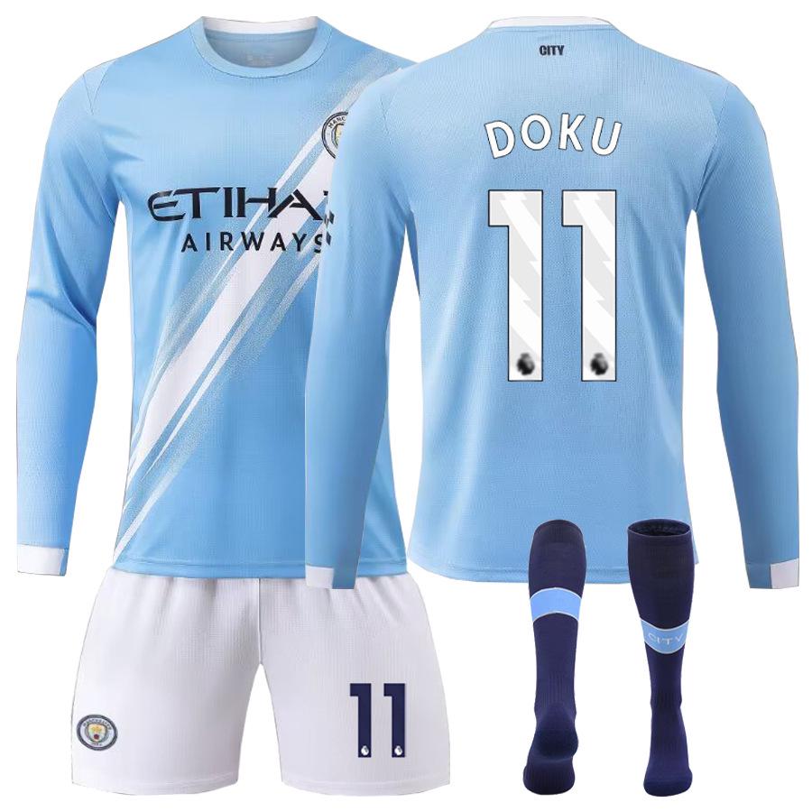 Set Maglia a Maniche Lunghe da Casa per Bambini del Manchester City: Haaland #9, Foden #47, Mahrez #7.