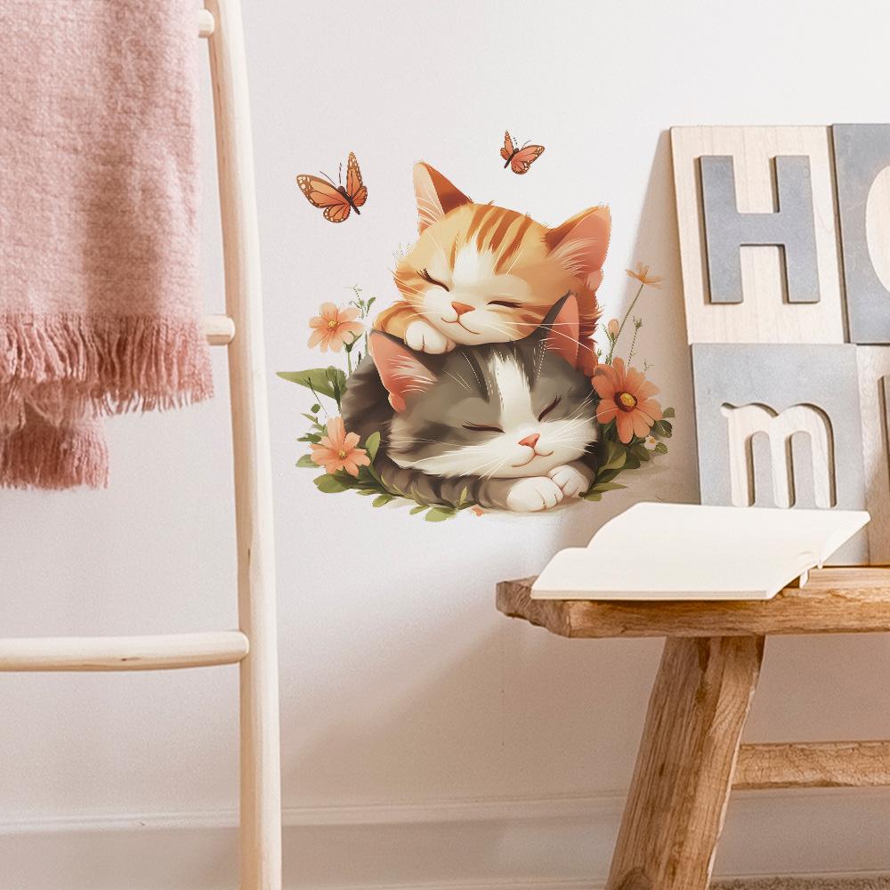 Ζεστά Γατάκια που Κοιμούνται Αυτοκόλλητα Τοίχου Αξιολάτρευτη Κινούμενη Εικόνα Γάτας για Ύπνο Τοιχογραφία για Παιδικό Δωμάτιο, Βρεφονηπιακό, Σαλόνι και Διάδρομο Διακόσμηση