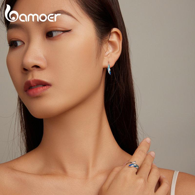 BAMOER 925 Sterling Silver olśniewający niebieski pióro otwarty pierścień i kolczyki zestaw biżuterii utorować ustawienie CZ dla kobiet Chic Fine Jewelry
