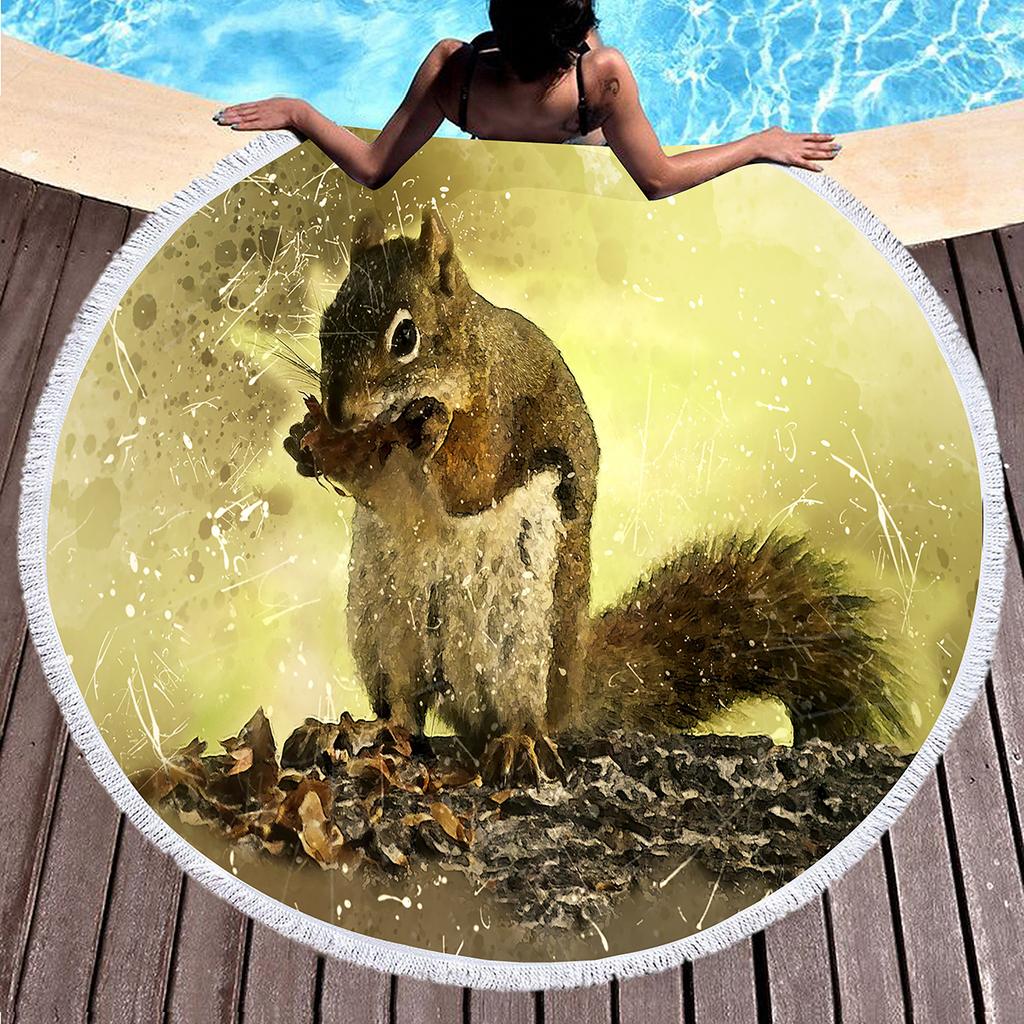Cute Squirrel Round Beach Towel with Tassels Microfiber Beach Blanket Absorbent Sandproof Circle Bath Towel Meditation Yoga Mat