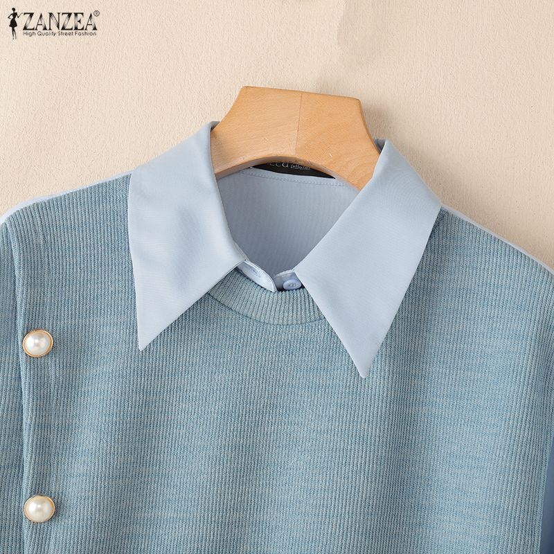 ZANZEA Women Caual Turn Down Collar Long Sleeve Autumn Patchwork Blouse