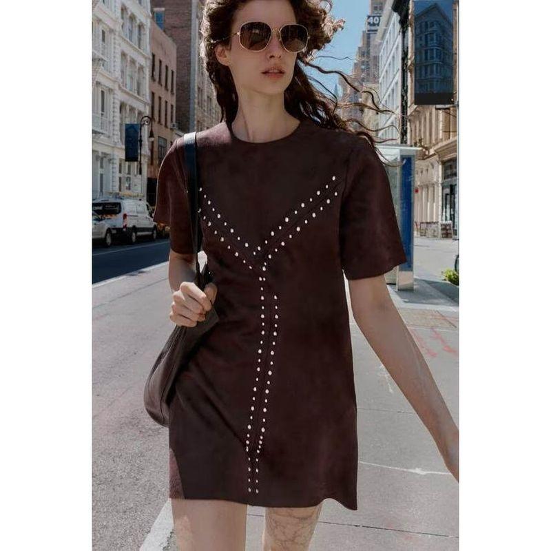 Za Autumn New Women clothes 2025 Western Style Fashion Suede Effect Rivet Dress 1058632 716