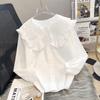 Women's Lace Peter Pan Collar White Blouse, Korean Style, Long Sleeve, Autumn/Spring 2023