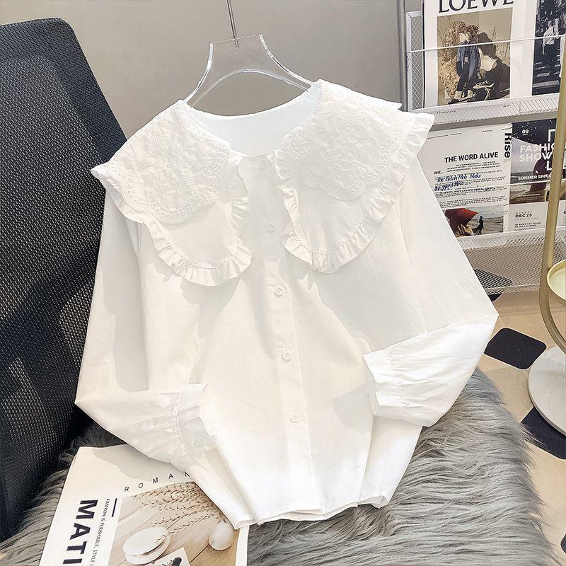 Women's Lace Peter Pan Collar White Blouse, Korean Style, Long Sleeve, Autumn/Spring 2023