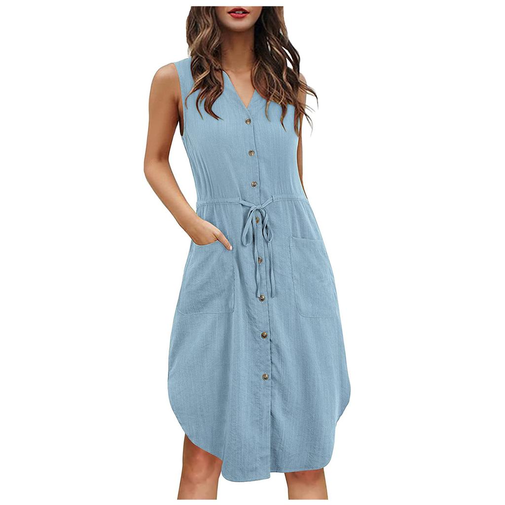 Women's Casual Shirt Dress Sleeveless Colid Long Tank Dressed Vest Dress