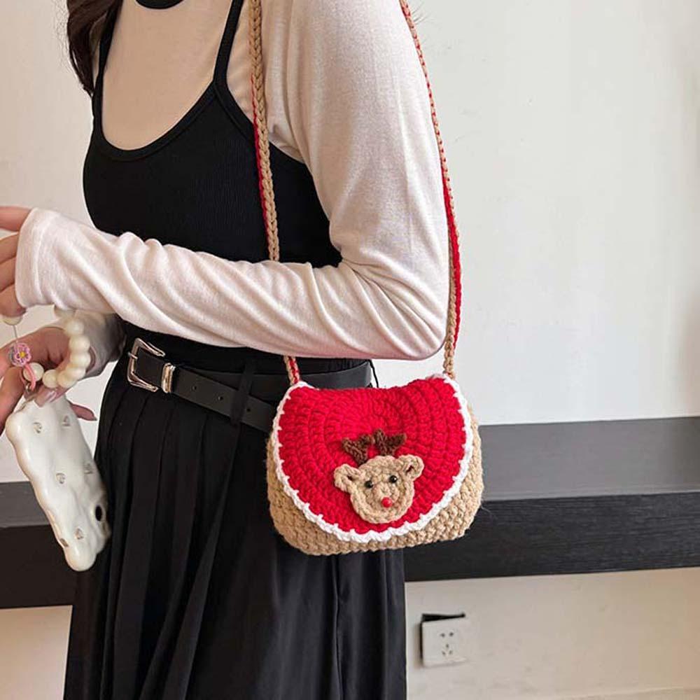 Elk Deer Woven Square Pouch Bow Contrasting Colors Purse Portable Christmas Crossbody Bag  Kids