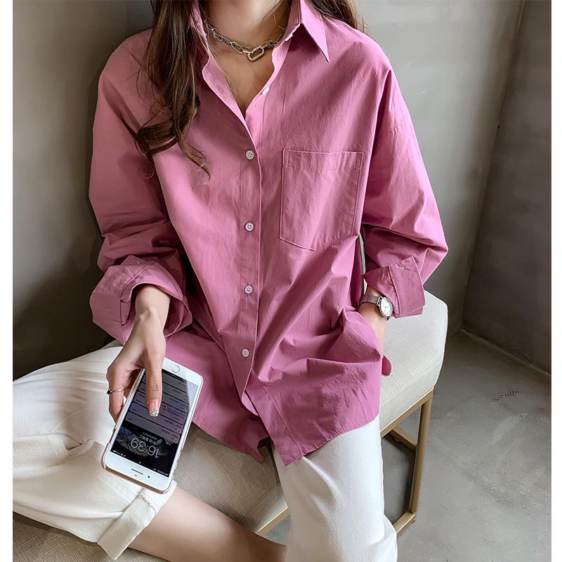 Korean Plus Size Solid Color Blouse for Women - Simple, Slimming, Loose Fit, 2026 Spring/Autumn Collection