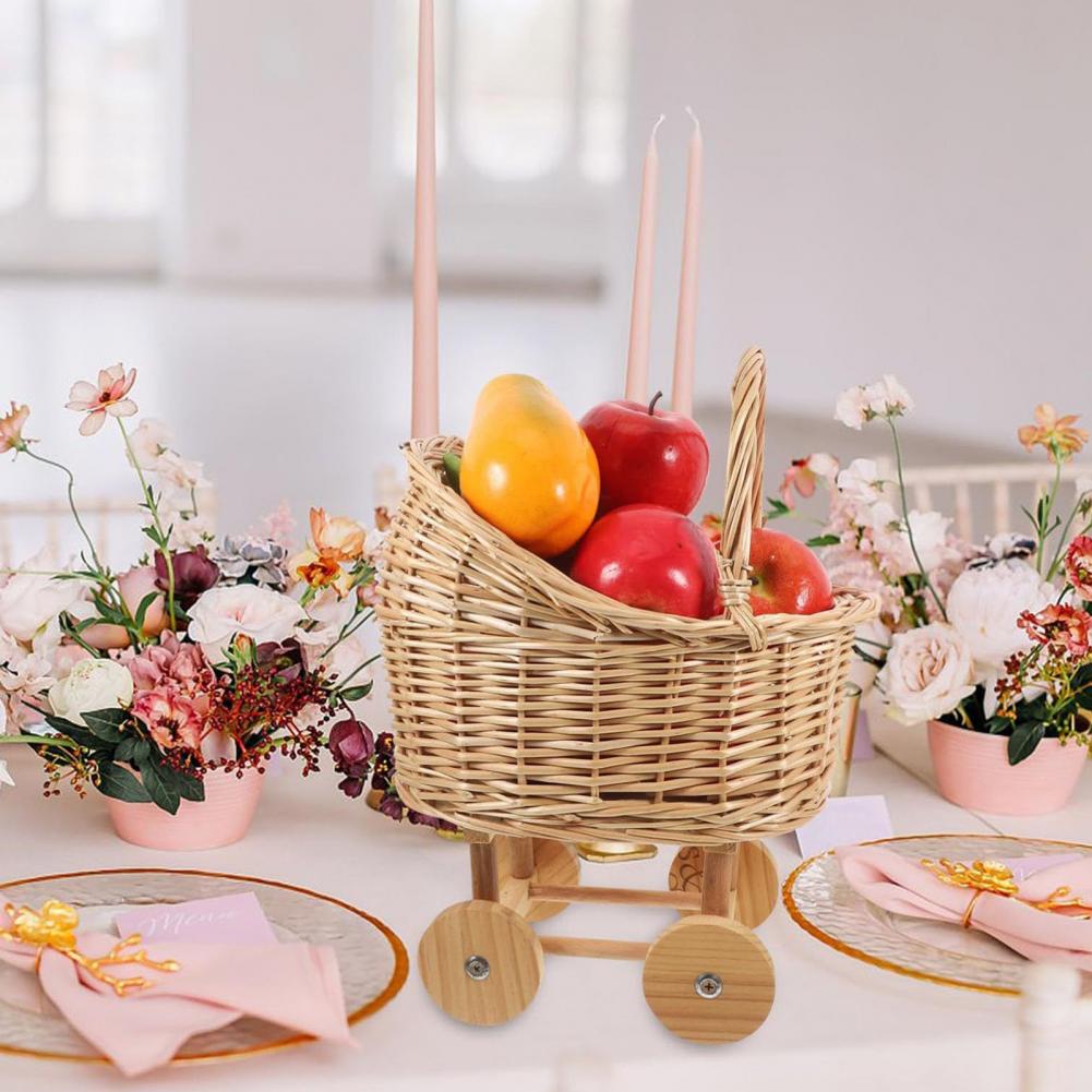 Cesta de Flores em Forma de Carrinho de Bebê Cesta de Doces de Rattan Trançado com Alça Portátil Decorativa com Rodas para Casamentos Chás de Bebê