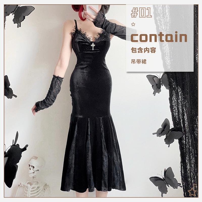 Dark goth halloween costume black dress long sexy witch costume
