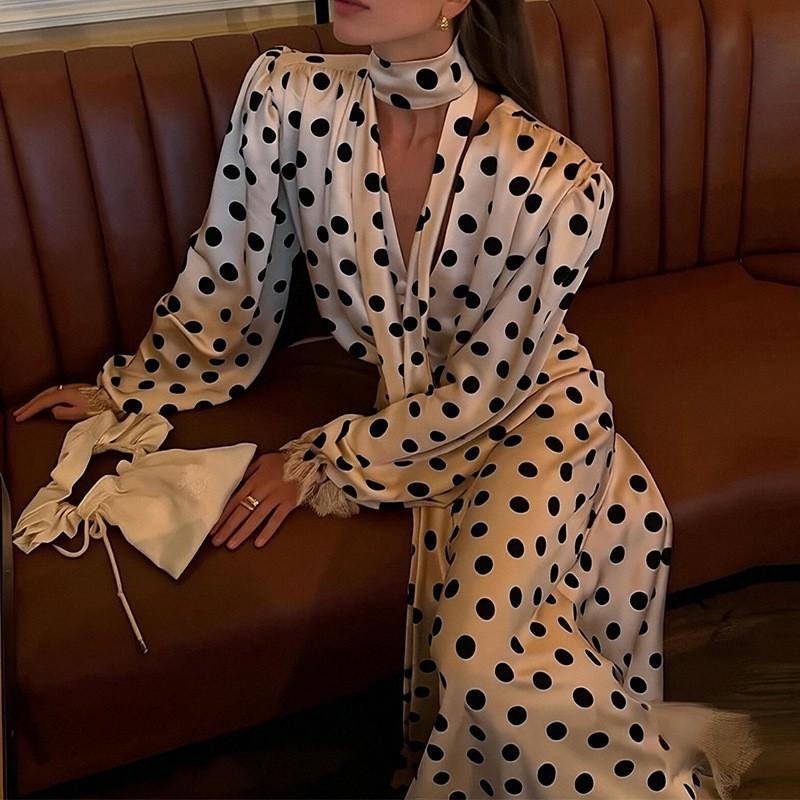 Abito da Donna Retro Pois Maniche a Bolle Vita Lungo