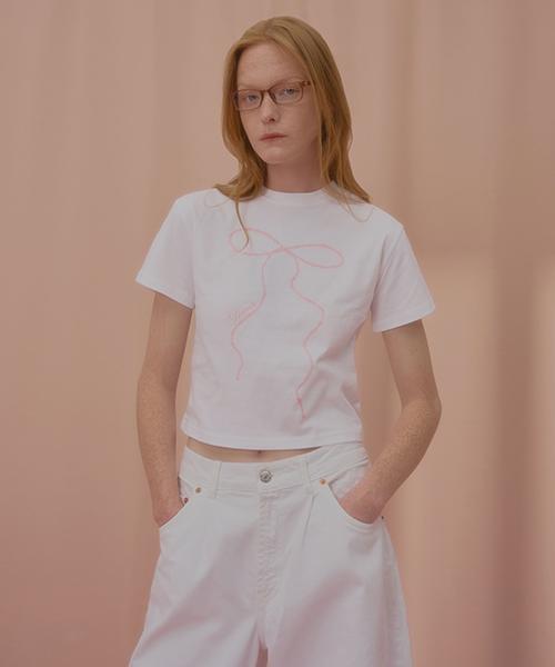 Uncover Wave Pearl Ribbon Crop Short Sleeve T-Shirt White Free