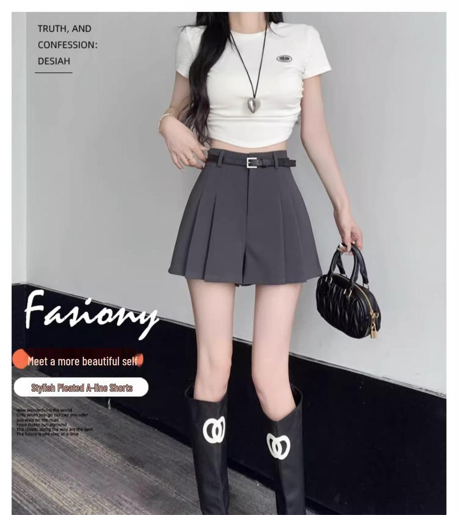 Women's Gray High-Waist Pleated Shorts: Spring/Summer 2024 Fashion, Loose Fit, Slimming Wide-Leg Design
