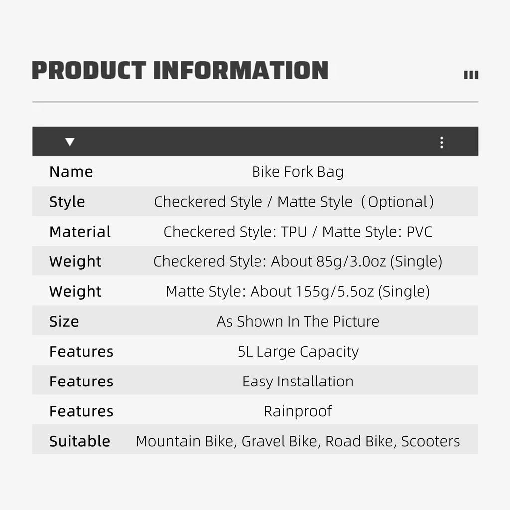 Bike Fork Bag Rainproof 5L for Mountain Road Bike with Sturdy Base Easy Installation for Mountain Bikes Gravel Bikes