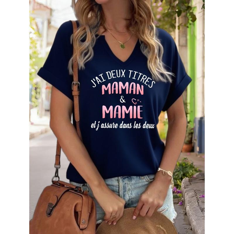 Damen V-Ausschnitt "J'ai Deux Titres Maman & Mamie" Grafik-T-Shirt, Französischer Slogan Print T-Shirt, Lässiges Kurzarm-Oberteil