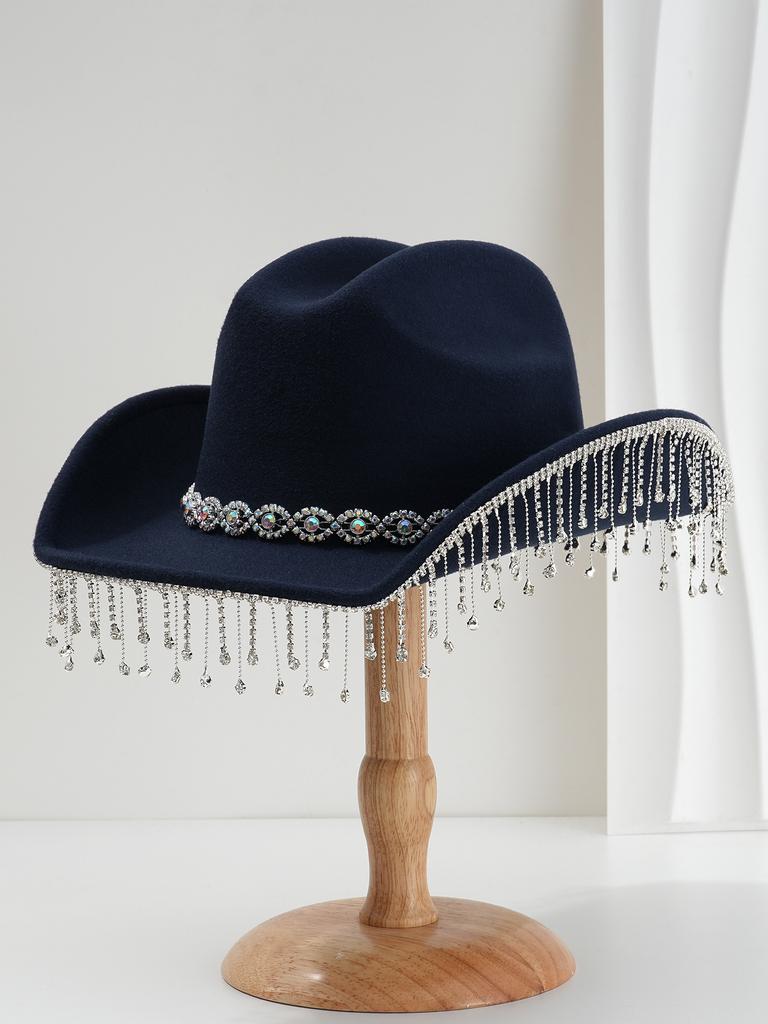 Ladies Wedding Bridal Top Hat, Western Curled Cowboy Hat, Eye Jewel with Fringed Rhinestones, Holiday Travel