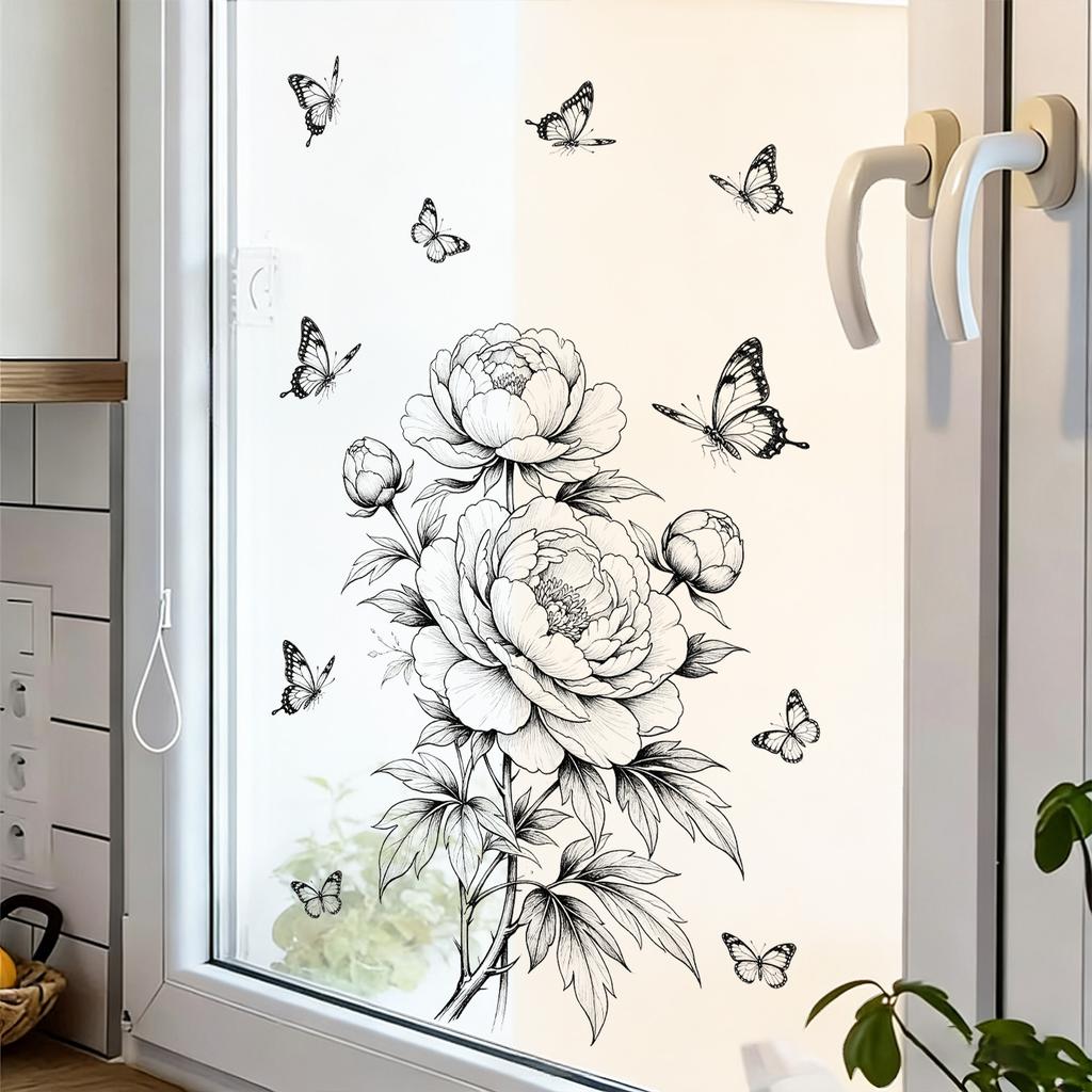 Creative Black White Sketch Line Art Peony Butterfly Static Cling Wall Sticker for Kitchen Bathroom No Glue Home Decor
