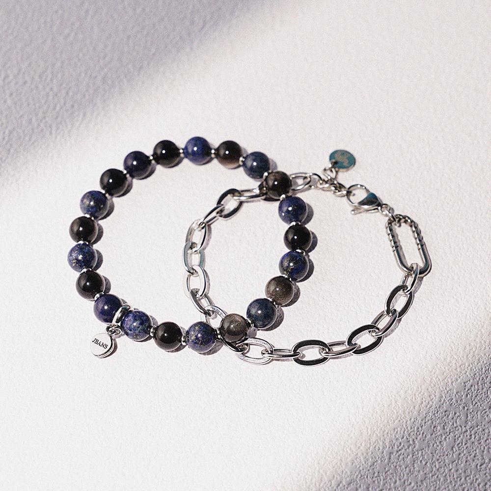 Jbans Classic Screw Ring Point 984 Chain 8 Lapis Lapis, 1185 Obsidian Gemstone Bracelet Set (C2501-Se399_Sv)