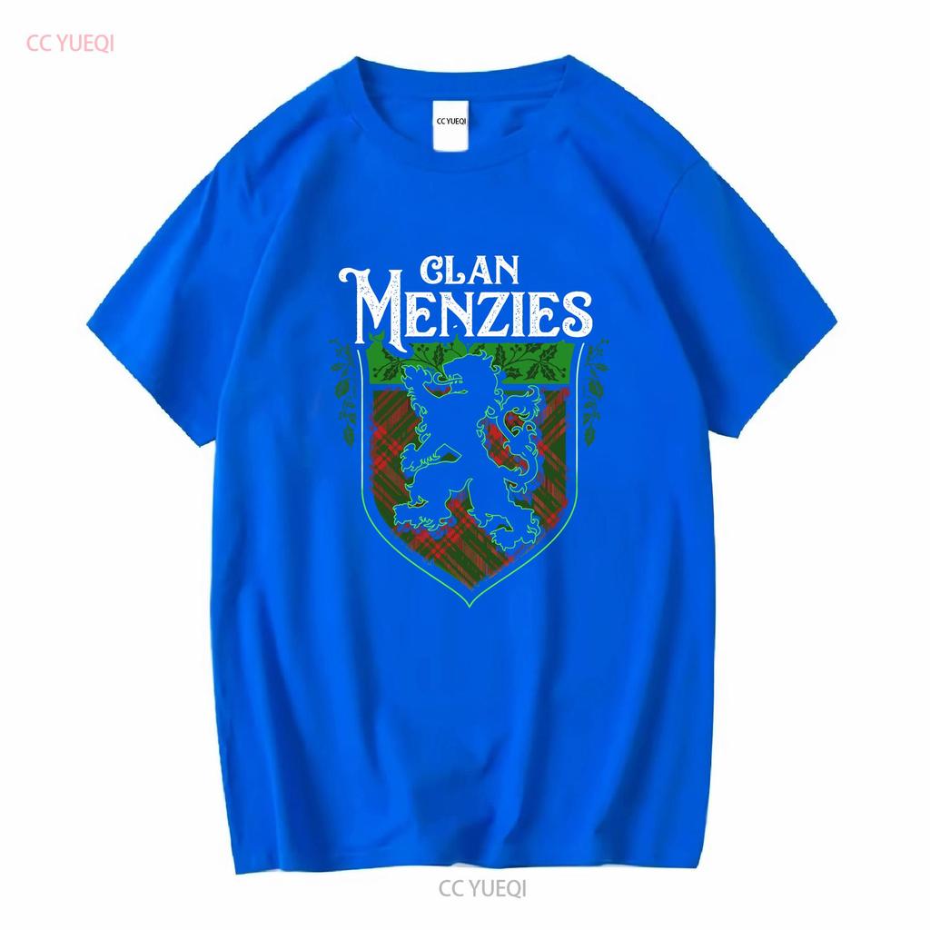 Clan Menzies Scottish Tartan Lion Rampant T Shirt Crest Last Name Surname Womens Long or Short Sleeves Vintage Washed Graphic