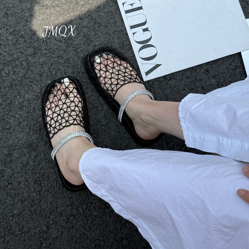 Retro niche thick-soled mesh hollowed out half slippers women's summer 2025 new rhinestone fishing net shoes lazy muller sandals