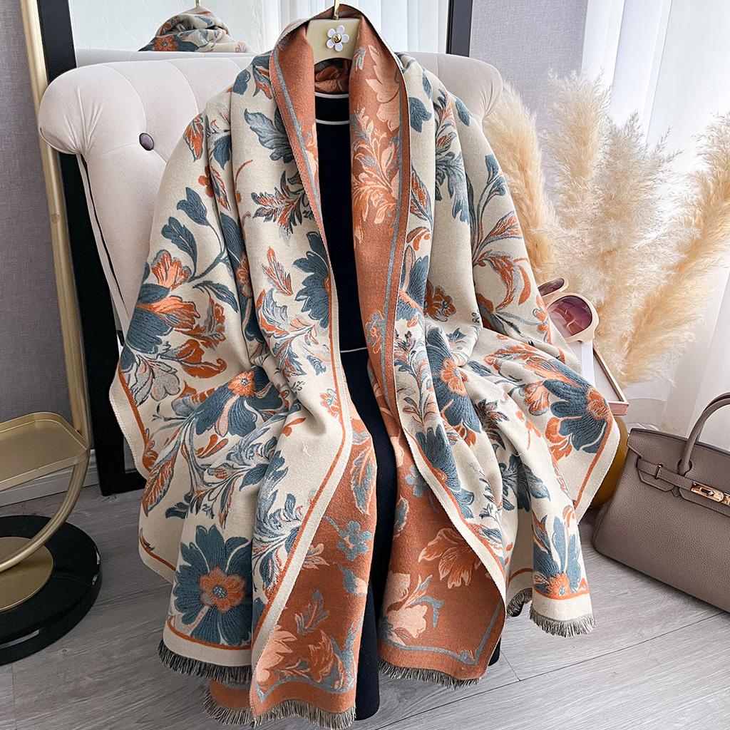 Ethnic Style Flower Imitation Cashmere Scarf Women'S Winter Thickened Double-Sided Air Conditioner Shawl Scarf
