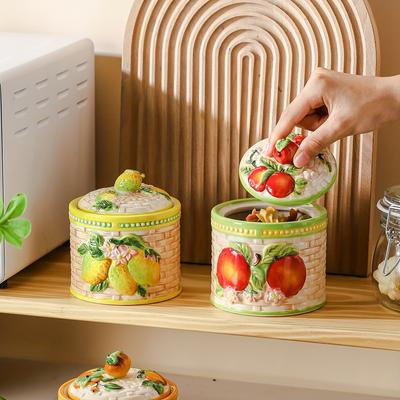 Handbemaltes Frucht-Keramikgefäß mit Deckel - 3D-Muster, Perfekt für Salz-, Zucker-, Süßigkeitenaufbewahrung & Küchendekor
