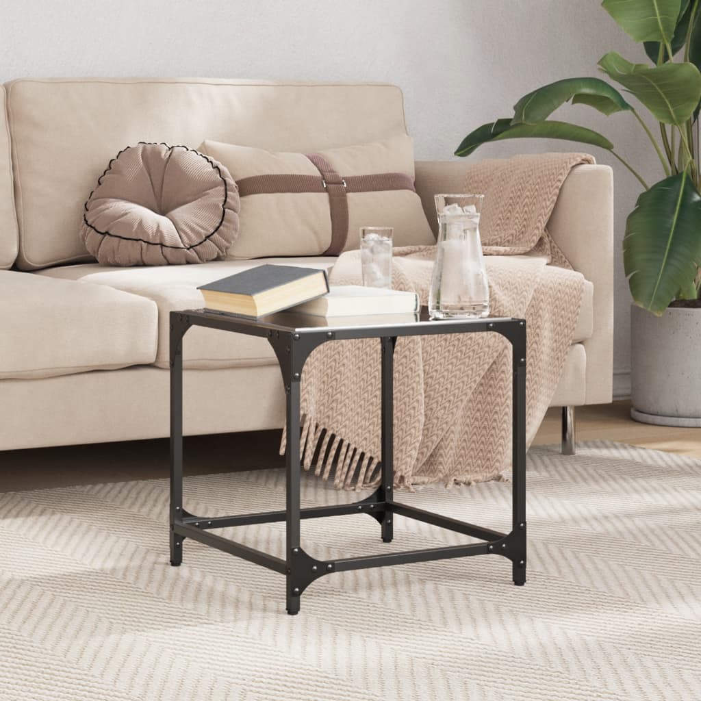  Coffee Table with Black Glass Top, 40x40x40 Cm, Steel