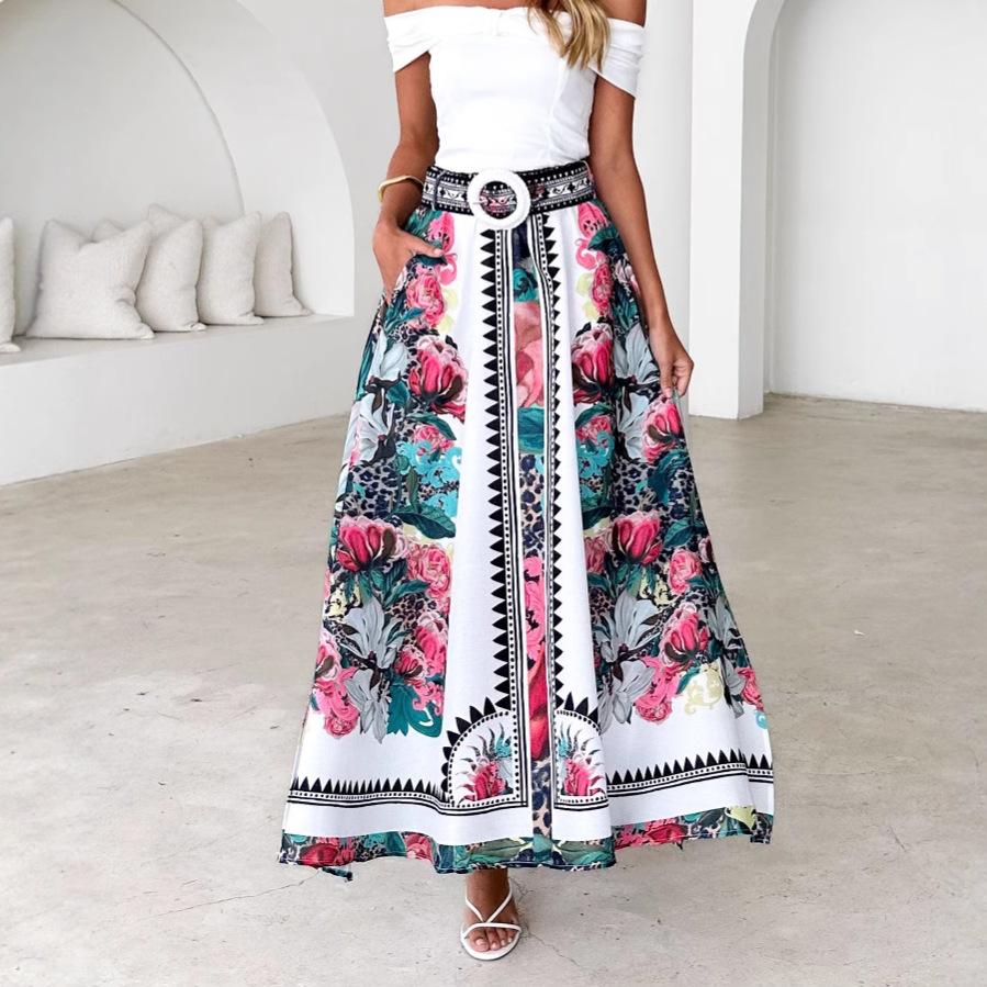 2026 popular summer high waist elastic waist loose printed long skirt skirt women S