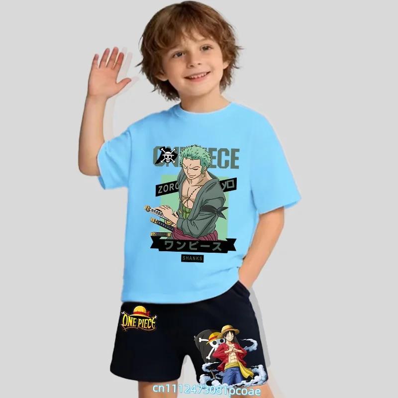Children's Polyester Short-sleeved Shorts Set with "One Piece" Cartoon Print Boy's Sports Shirt for Summer T-shirt Set of 2 Pieces