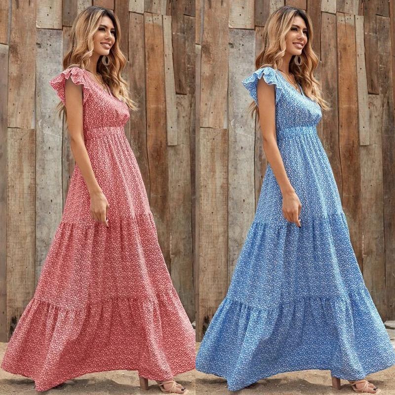 Women Maxi Dress Long Floral Print Ladies Summer V Neck Casual Holiday Sundress