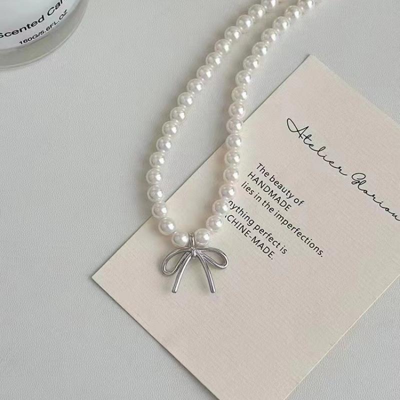 2024 New Trendy Ribbon Bow Pendant Necklace Earring Jewelry Set for Women Fashion Handmade Beaded Imitation Pearl Necklace