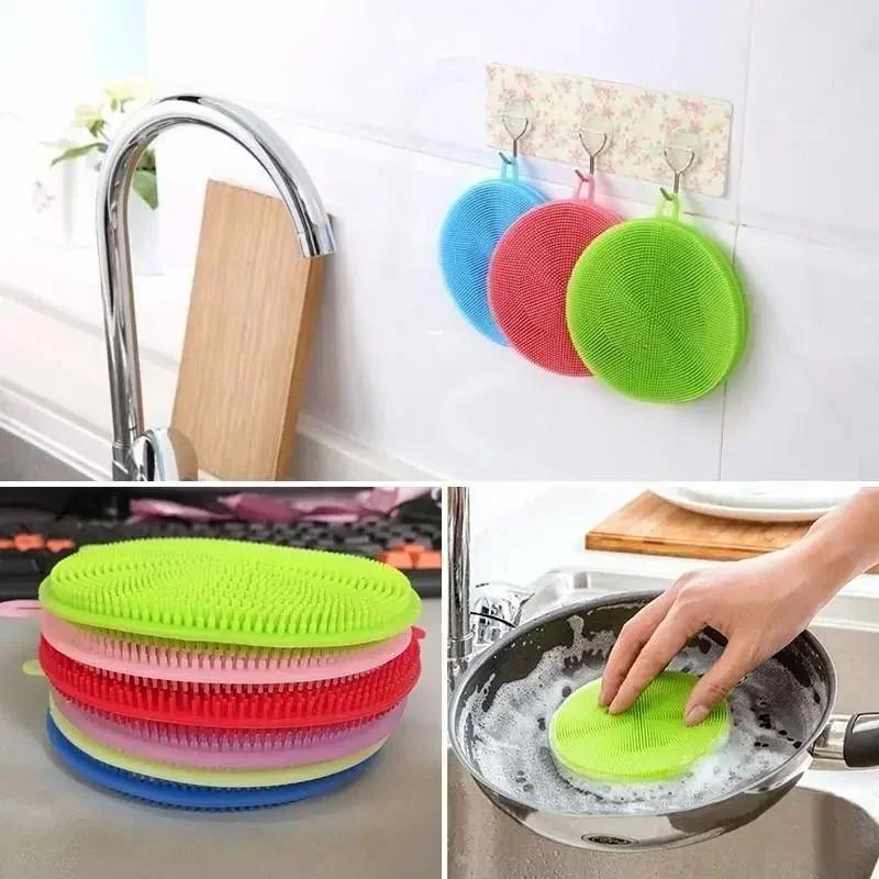 New Kitchen Portable Dish Washing Scrubber Silicone Bowl Cleaning Brush Cloth Scouring Pad Pot Kitchen Cleaning Dish Sponge Tool